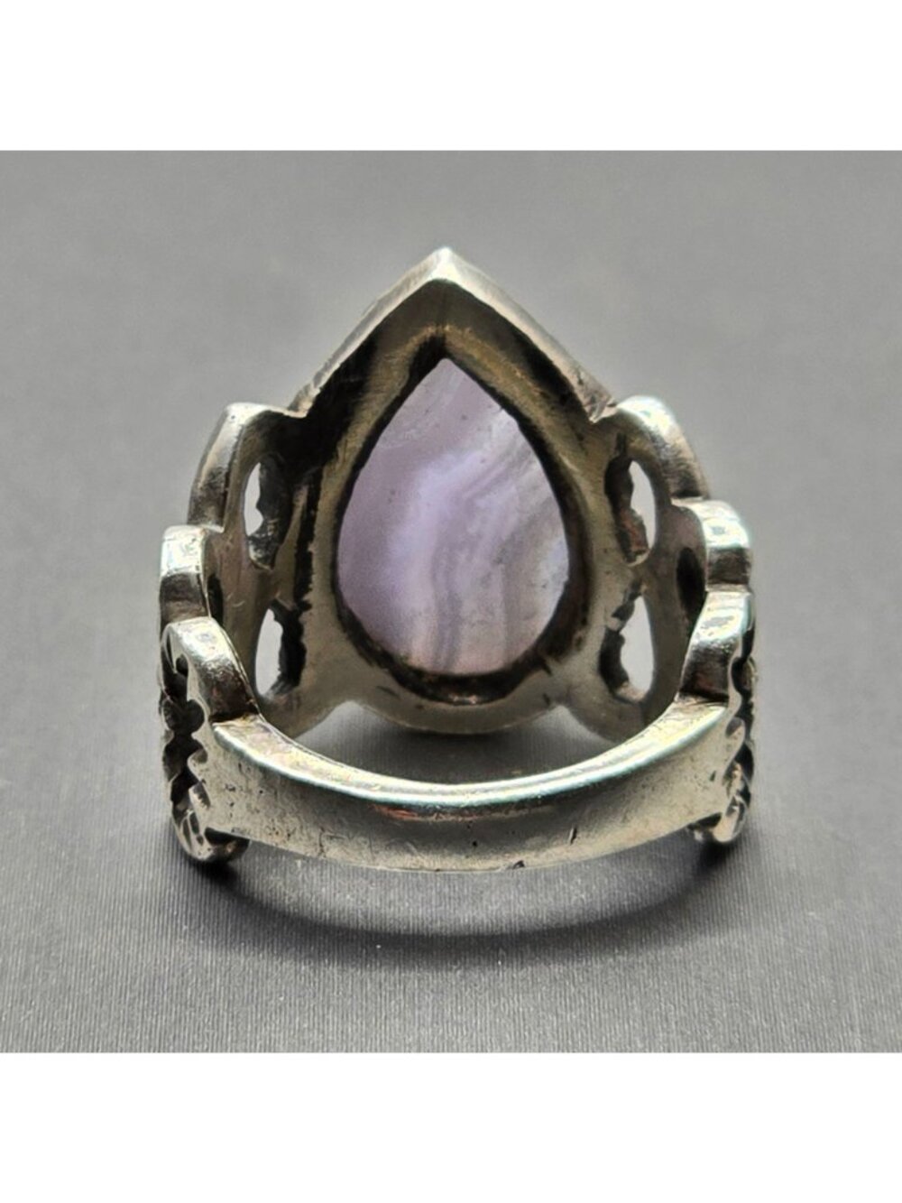 Vintage Sterling Silver Blue Lace Agate Ring Size 6.5 Brutalist Open Link Band - Picture 4 of 13